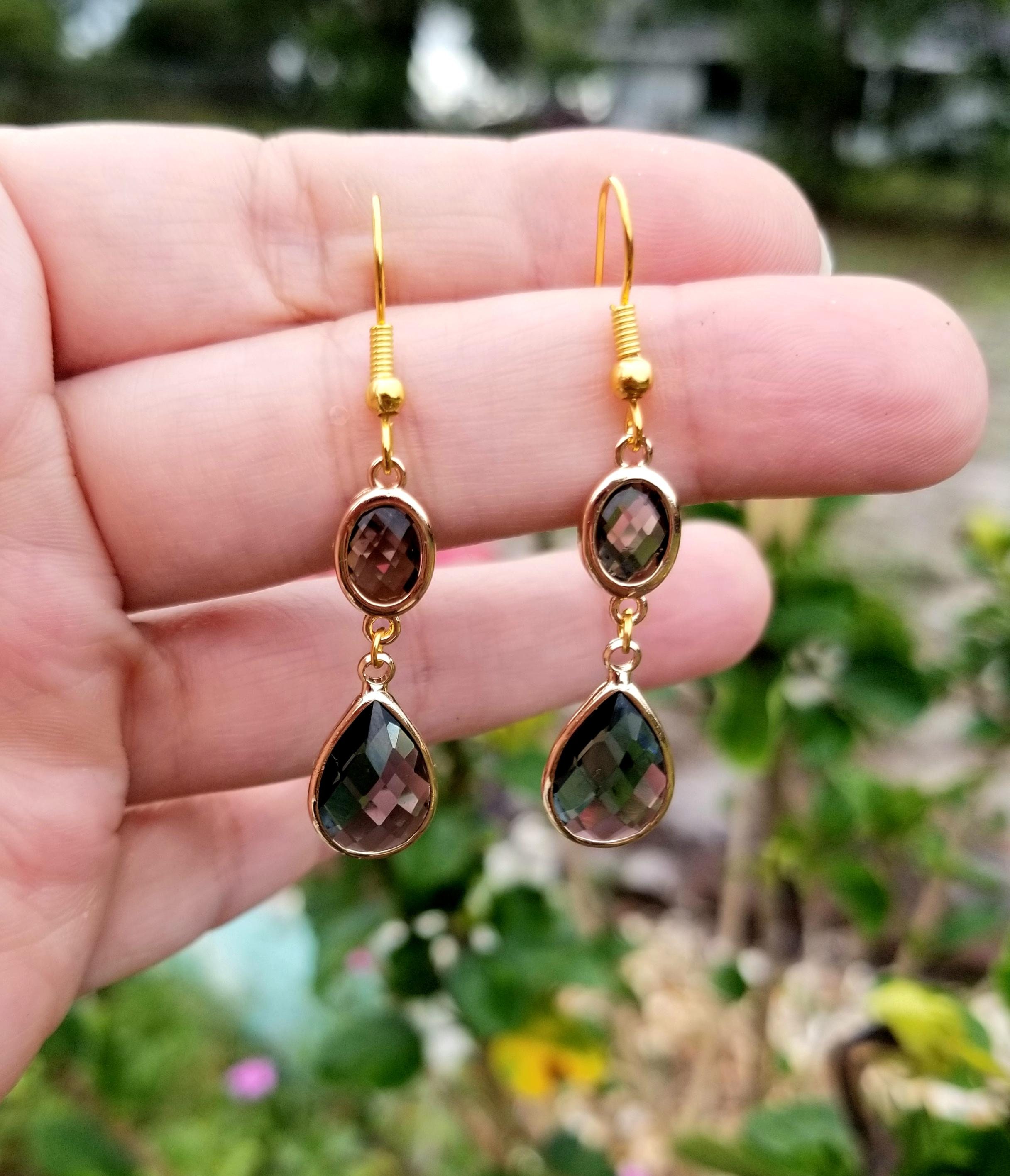 14k Gold Smoky Black Quartz Earrings, Tear Drop Earrings
