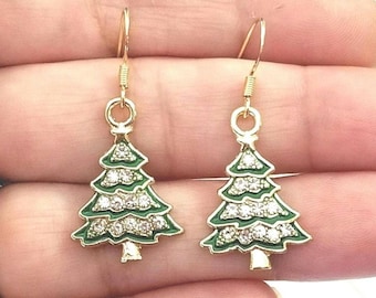 14k Gold Christmas Tree Earrings, Gold Earrings, Christmas Jewelry, Christmas Earrings, Gifts for Her, Dangle, Holidays, Christmas Trees