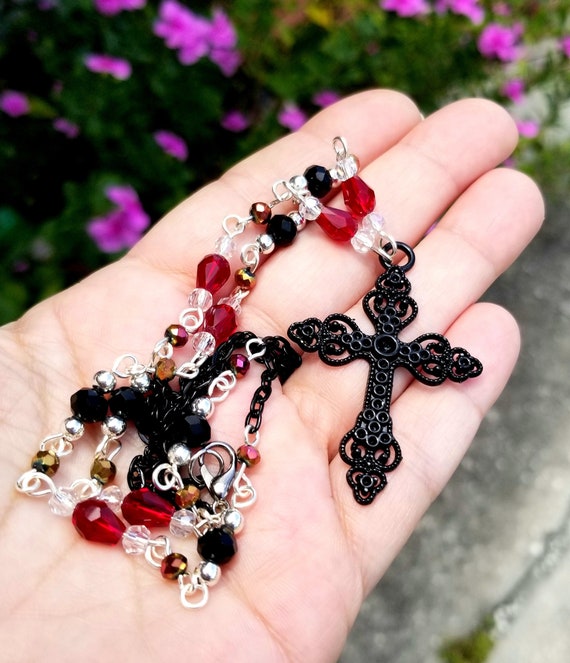 Black Cross Necklace, Large Cross Necklace, Black & Red Necklace