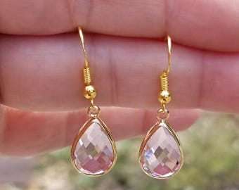 14k Gold Pink Tourmaline Teardrop Earrings, Light Pink Tourmaline Dangle Earrings, October Birthstone, Pastel Pink Tourmaline Gemstone
