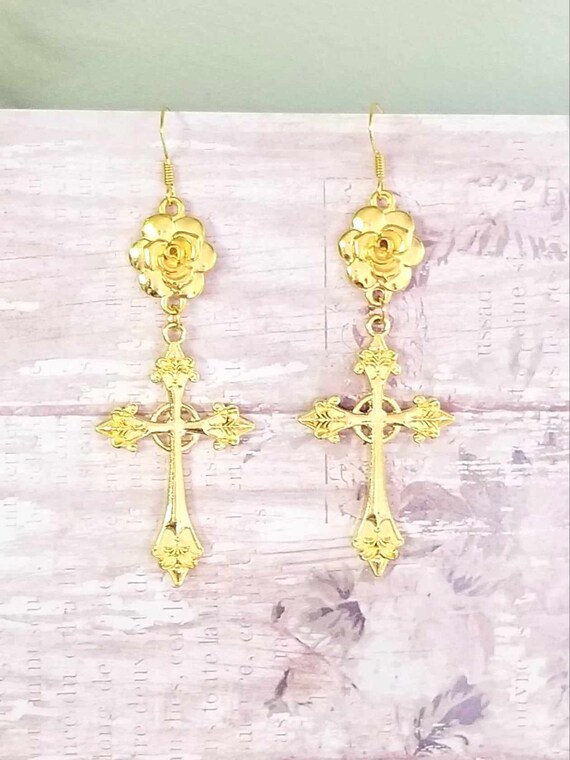 Boucles D'oreilles Pendantes Croix En Argent Sterling Plaqué Or Rose - Longueur 4 Pouces - Pour Femmes, Adolescentes