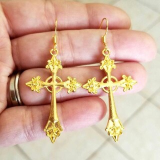Orecchini A Croce Martellata Oro – 4,2x4,1 Cm, Lega Alta Qualità, Gioielli Religiosi Per Donna, Regalo Per Pasqua, Battesimo, Compleanno