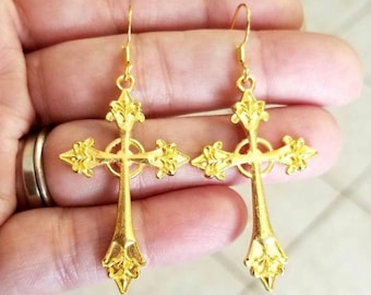Large Cross Earrings, 14k Gold Cross Earrings, Cross Dangle  Earrings, Womens Earrings, Goth, Gothic Cross Jewely, Religious Jewelry, Gift
