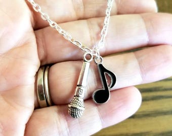 Collar de corchea de plata, collar de nota musical, joyería de nota musical, joyería de corchea, Steve Perry, regalo para músico, cantante, micrófono