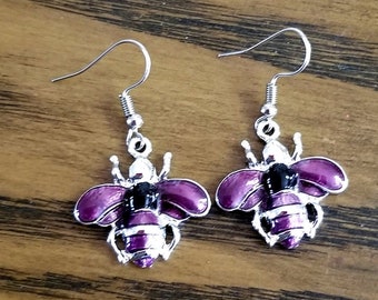 Bee Earrings, Sterling Silver Bee Earrings, Purple Bee's, Purple Earrings, Nature, Bee Dangle Earrings, Bee Jewelry, Bumble Bee Gifts, Bees