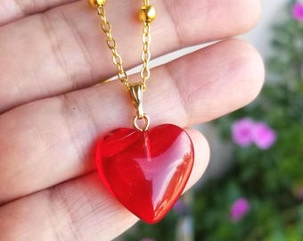 Red Puff Glass Heart Pendant Necklace on a Gold Beaded Chain, Red Heart Jewelry, Large Heart Pendant, Valentines Day Gift, Heart Earrings