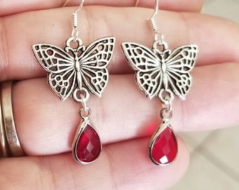 Silver Garnet Earrings, Garnet Dangle Earrings, Drop, Butterfly Earrings, Garnet Jewelry, January Birthstone, January Birthday, Capricorn