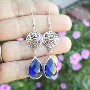 Silver Sapphire Dangle Earrings, Large Sapphire Earrings, Sapphire Earrings, Sapphire Dangle Earrings, Sapphire Jewelry September Birthstone
