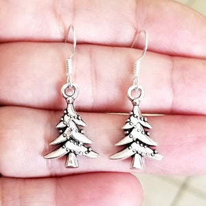 Silver Christmas Tree Earrings: Sterling Silver Hooks, Holiday Dangle Jewelry