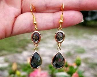 14k Gold Smoky Black Quartz Earrings, Tear Drop Earrings, Gold