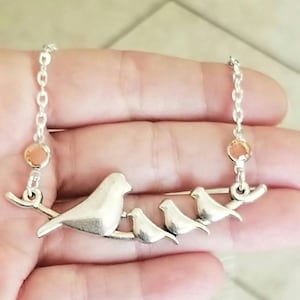 Silver Bird Necklace, Birds on Branch Pendant, Bird Jewelry, Bird Necklace, Mama Bird Baby Birds, Gift for Mom, Mom Gift, Bird Lover Gift