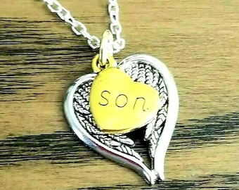Collar con corazón y alas de ángel para hijo, joyería conmemorativa para hijo, condolencias, regalo por la pérdida de un hijo, joyería de duelo, recuerdo de un hijo