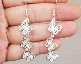 Sterling Silver Butterfly Dangle Earrings, Silver Filigree Butterfly Earrings, Butterfly Necklace, Insect, Fairy, Butterfly Jewelry Set