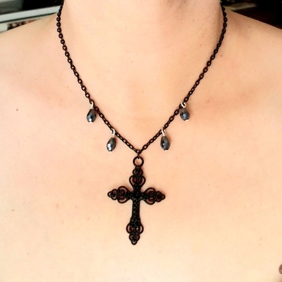 Large Black Cross Necklace, Black Crystal Choker Necklace
