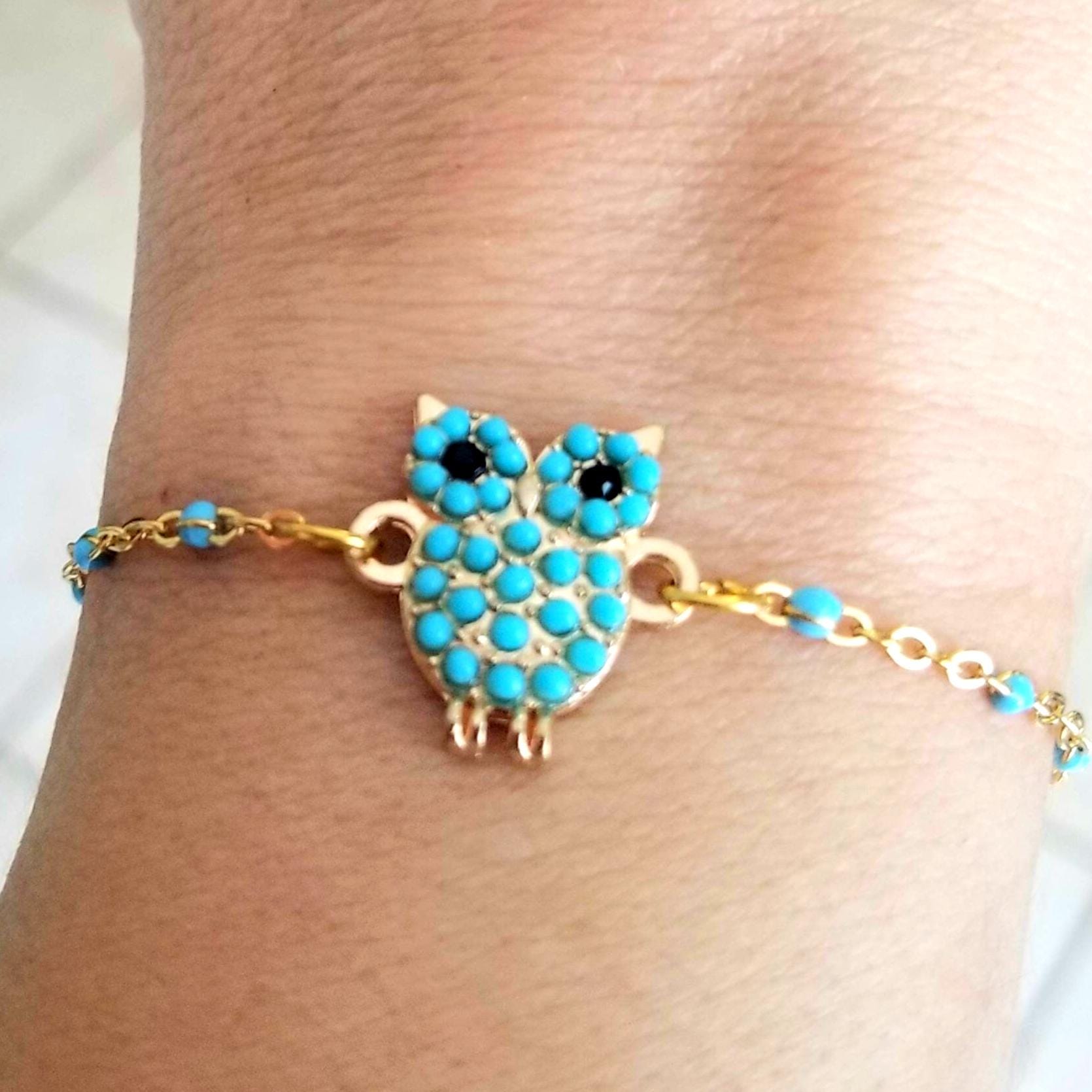 Gold Turquoise Owl Charm Bracelet, Owl Jewelry, Turquoise Owl, Turquoise Bracelet, Womens Bracelet, 