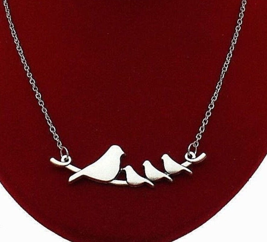 Silver Birds Necklace, Four Birds on Branch Pendant, Bird Jewelry, Bird