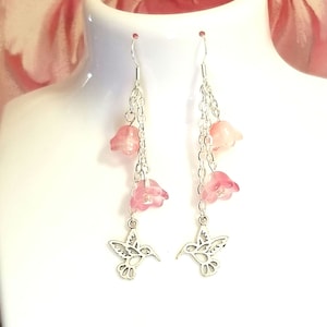Hummingbird Earrings, Hummingbird Flower Earrings, Silver Hummingbird Earrings, Bird Lover Gift, Hummingbird Jewelry, Hummingbirds, Mom Gift