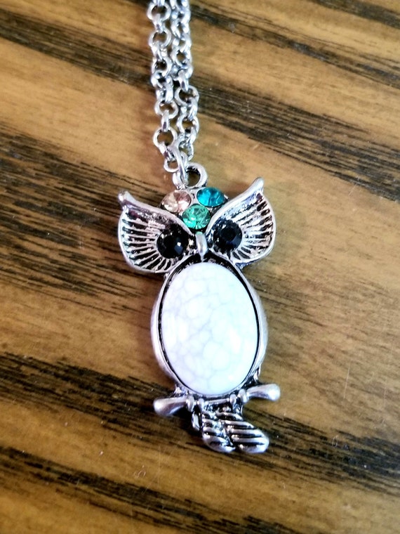 Silver Snow Owl Necklace Stainless Steel Crystal Owl Pendant