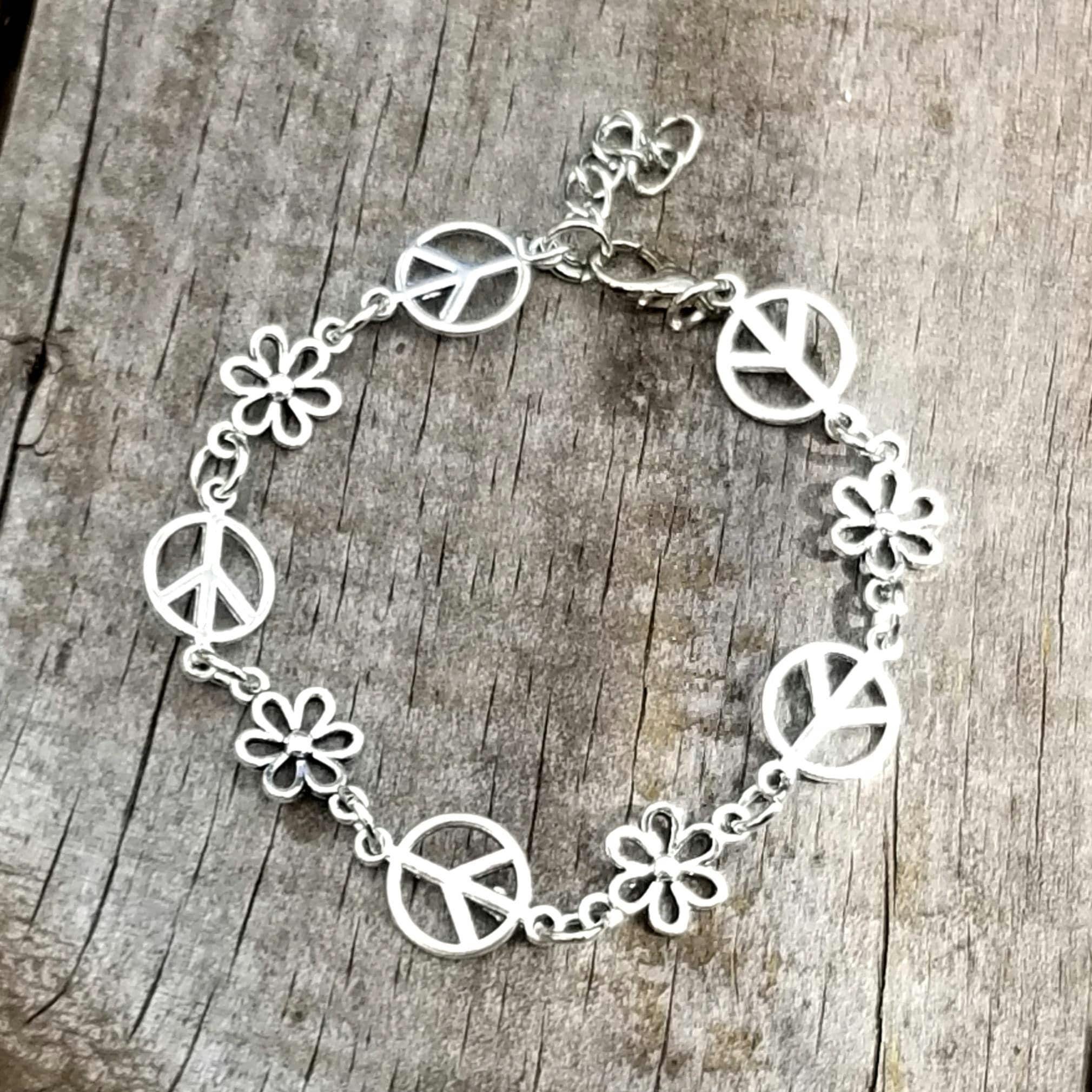 Silver Peace Bracelet, Peace Sign Charm Bracelet, Peace Sign