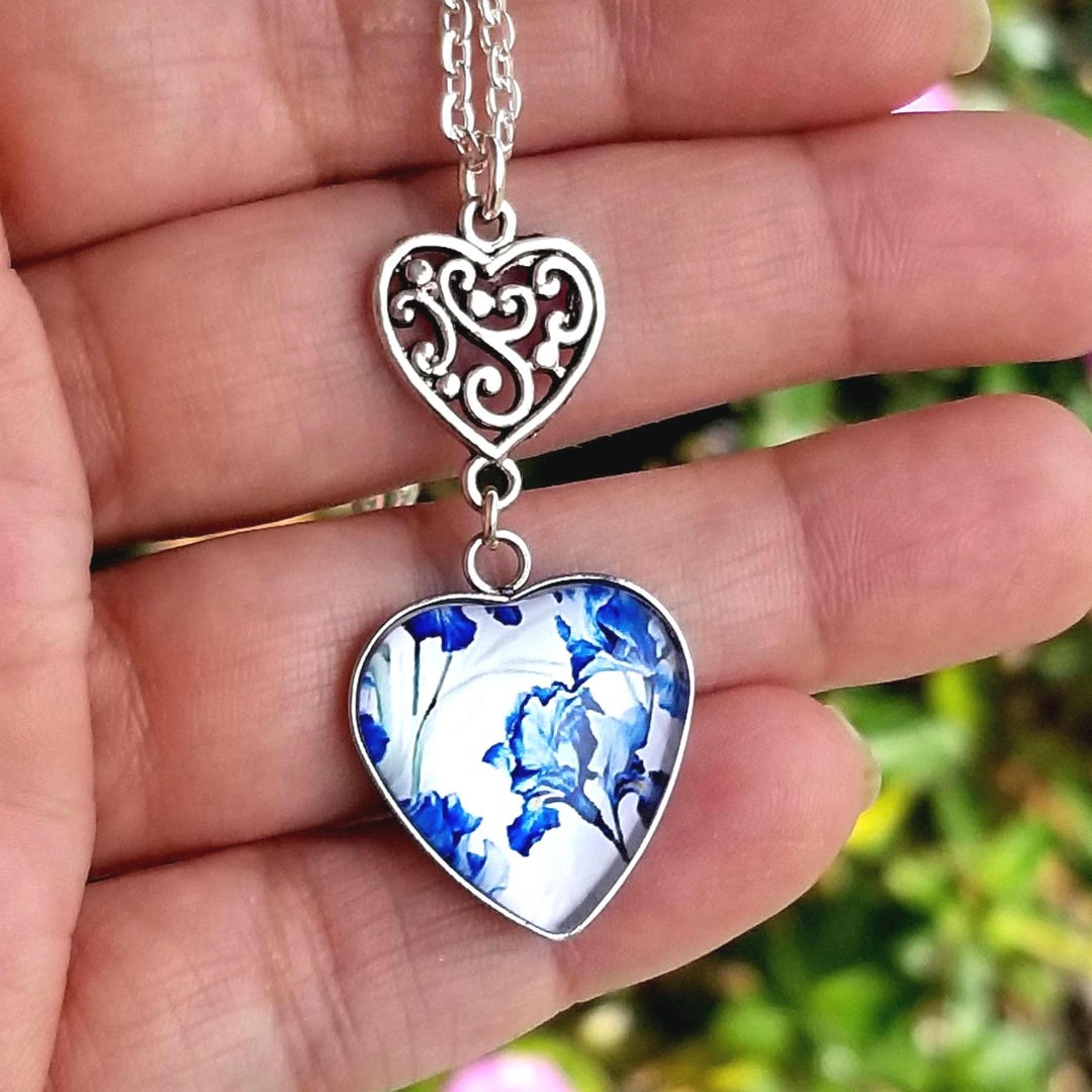 Iris Long Blue Heart Pendant Necklace