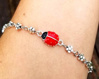 Tobillera de acero inoxidable con forma de mariquita, pulsera de tobillo con forma de mariquita, pulsera de mariquita, joyería floral para el tobillo, insectos, joyería de mariquitas, mariquitas, suerte