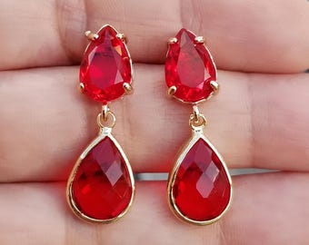 14k Gold Ruby Stud Earrings, Teardrop Ruby Earrings, Ruby Dangle, Studs, Red Gemstone, Yellow Gold Stud Earrings