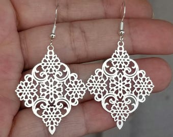 Silver Filigree Floral Earrings, Large Silver Dangle Earrings, Lacey Filigree Earrings, Floral Filigree Drop Earrings, Bohemian. Bali