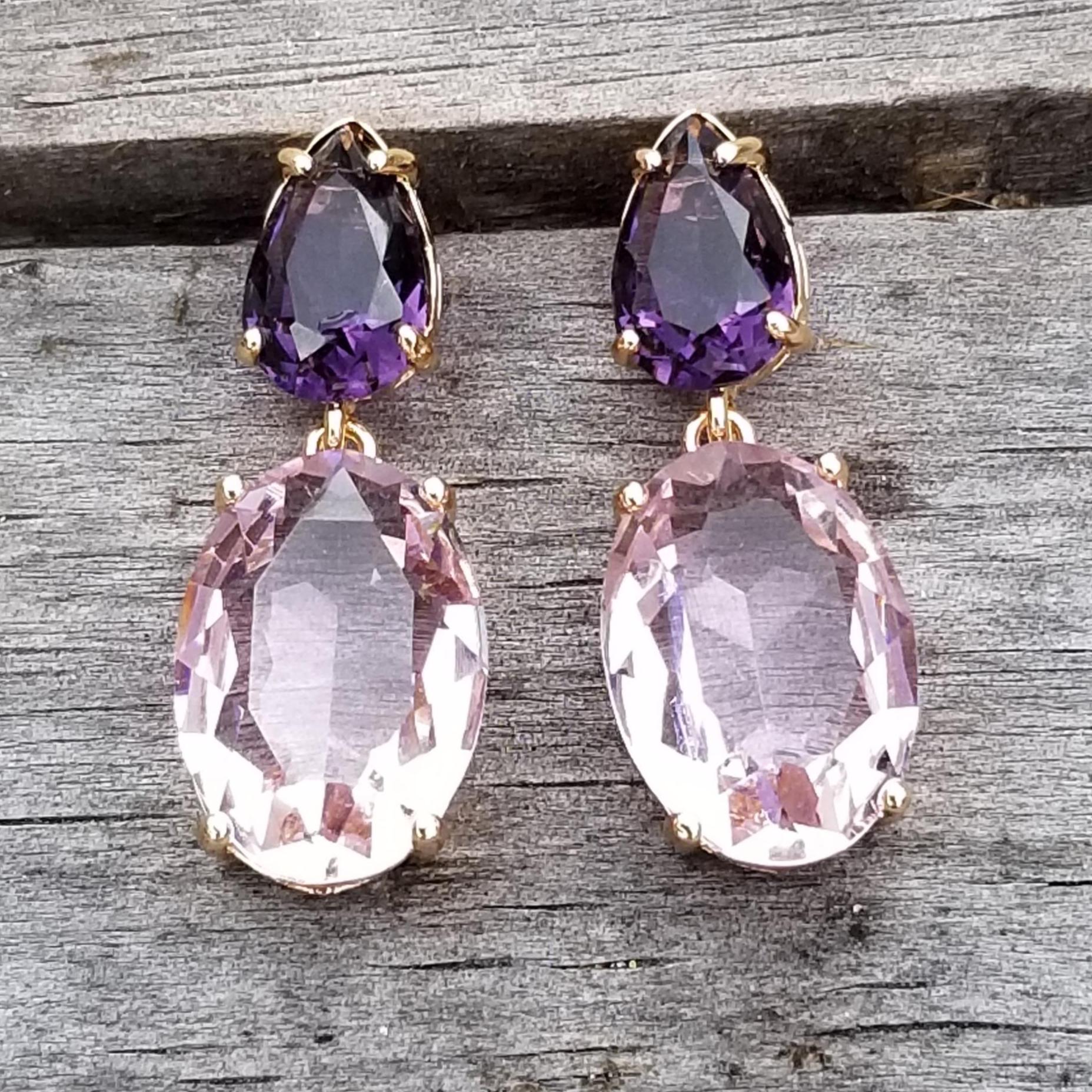 14k Gold Amethyst & Pink Tourmaline Double Drop Stud Earrings