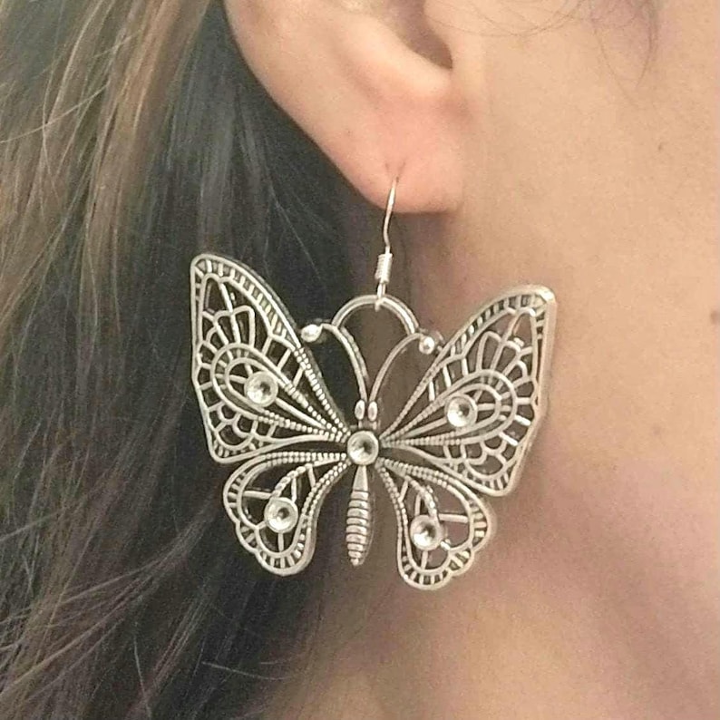 Silver Filigree Butterfly Dangle Earrings, Large Butterfly Earrings, Butterfly Jewelry, Bohemian, Monarch Butterfly Earrings, Nature Lover image 1