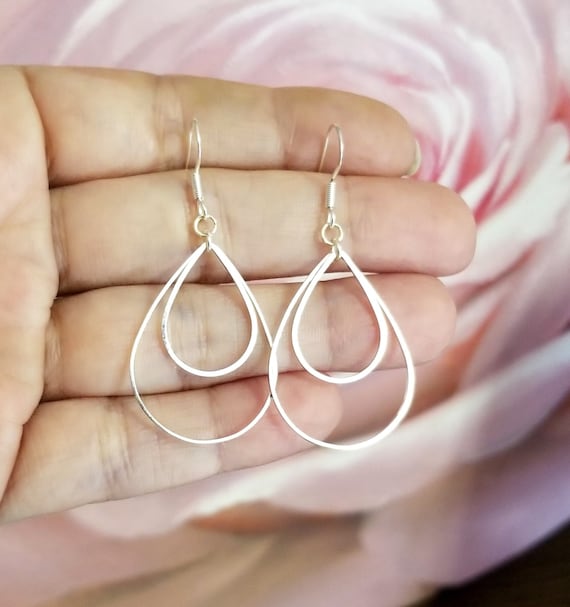 Silver Double Teardrop Earrings Teardrop Hoop Earrings Silver Teardrop Earrings Hoop Earrings Mom Gift Wife Gift Gift for Her Dangle Etsy