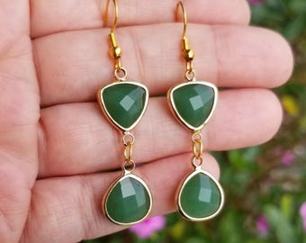 14k Gold Jade Earrings, Gold Dangle Earrings, Jade Dangle Earrings, Jade Earrings, Green Gemstone Earrings, May Birthstone, Jade Jewelry