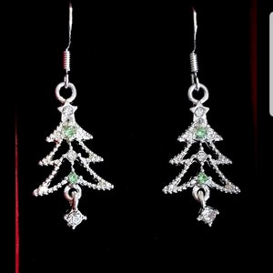 Sterling Silver Christmas Tree Earrings, Silver Earrings, Christmas Jewelry, Crystal Christmas Earrings, Gifts for Her, Dangle Earrings
