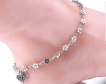 Daisy Chain Flower Anklet, Heart Dangle Charm, Silver Anklet, Flower Anklet, Women&#39;s Anklet, Anklet for Teens, Daisy Anklet, Friend Gift