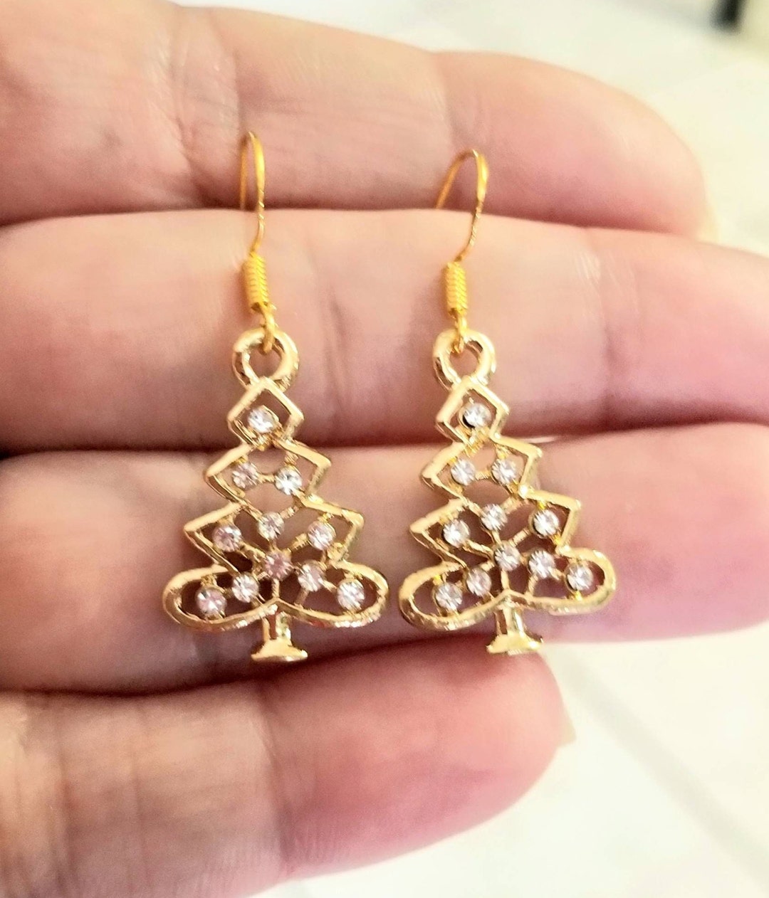 14k Gold Christmas Tree Earrings, Gold Earrings, Christmas Jewelry