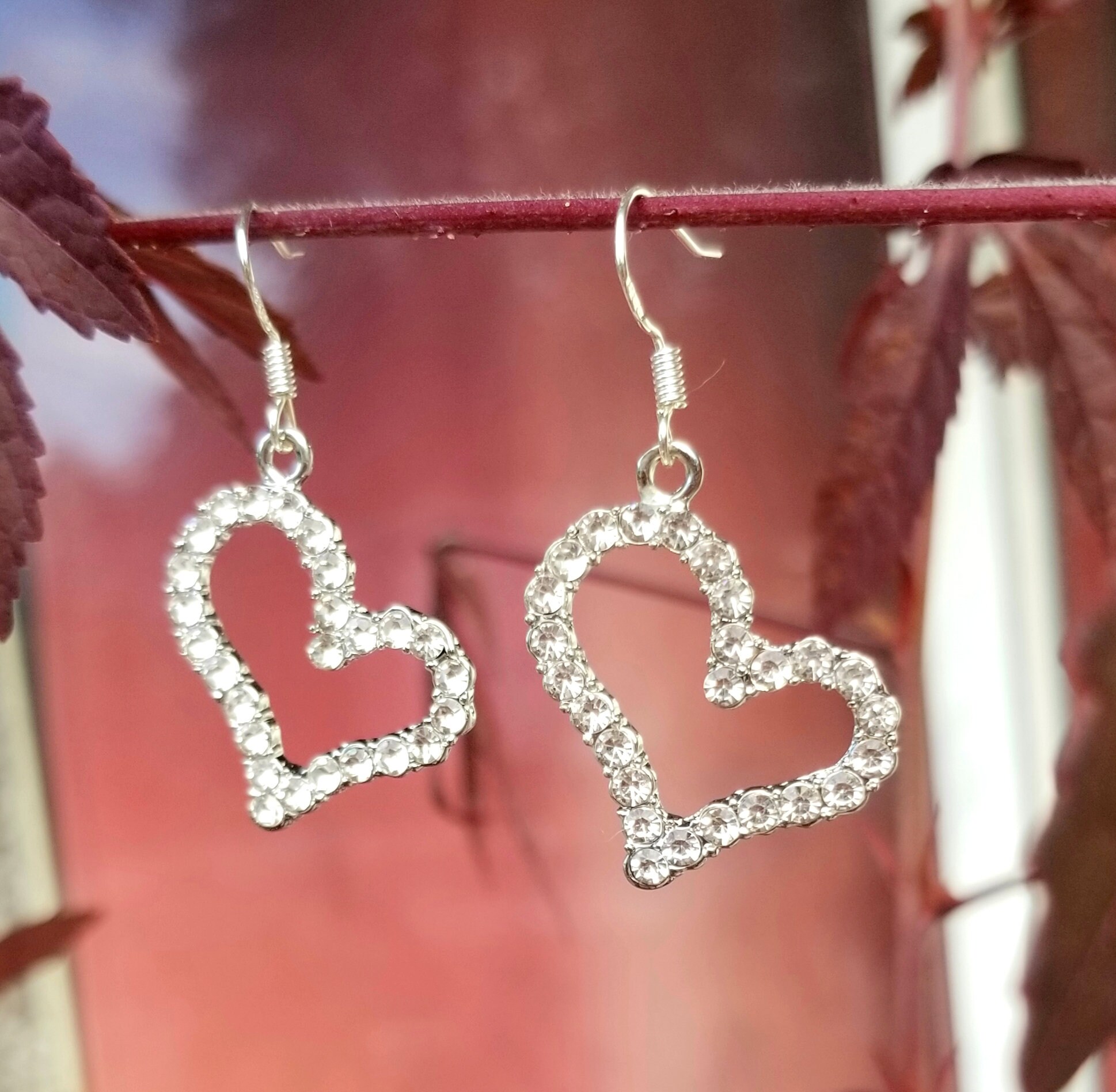 Sterling Silver Crystal Asymmetrical Heart Earrings, Womens Silver