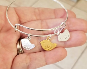 Three Little Birds Bracelet, Two Tone Jewelry, Charm Bracelet, Adjustable Bracelet, Wire Bangle Bracelet, Women&#39;s Bracelet, Bird Lover Gift