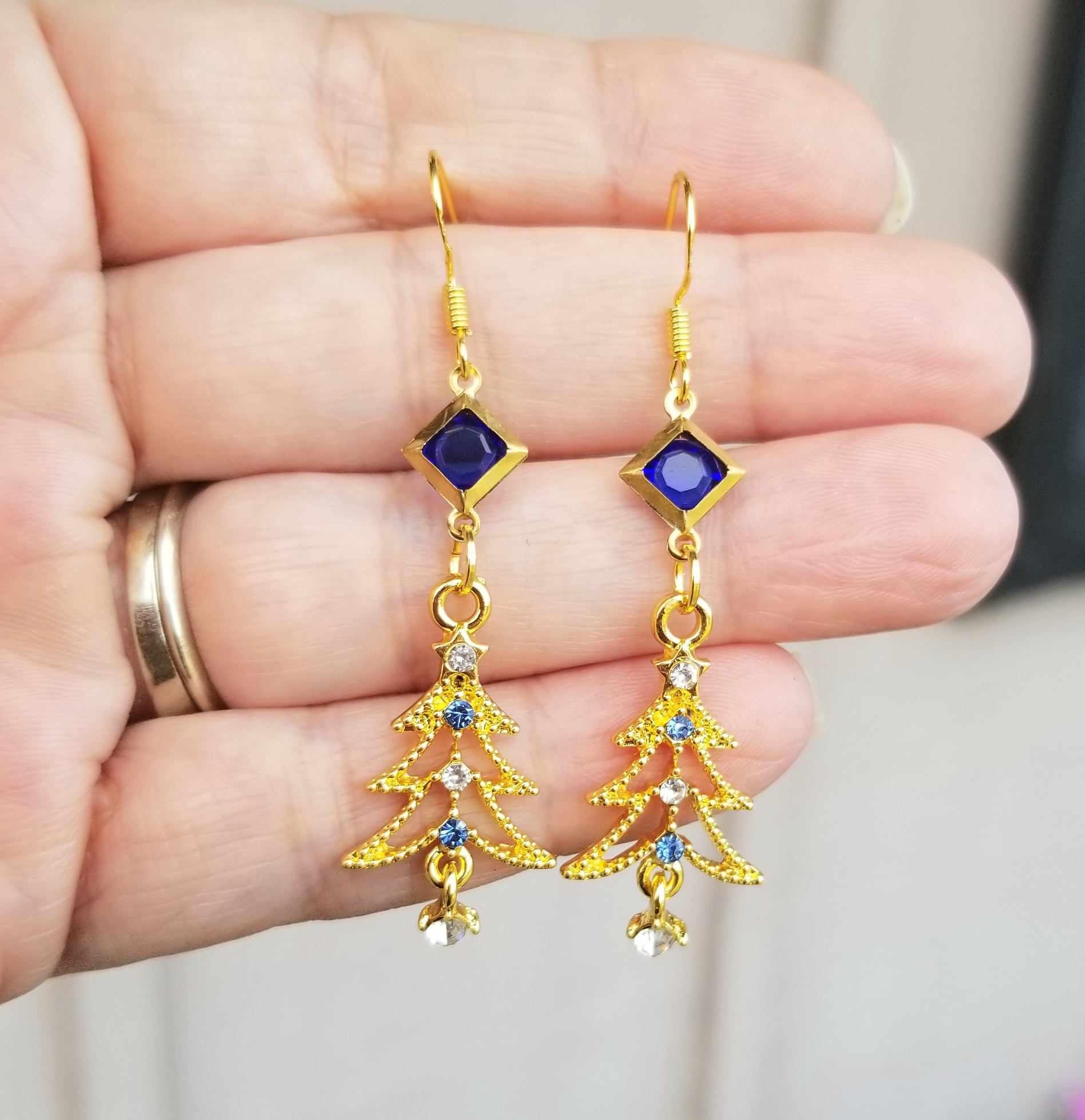 Orecchini Pendenti A Goccia Con Albero Di Natale In Cristallo E Strass - Tono Oro, Vintage