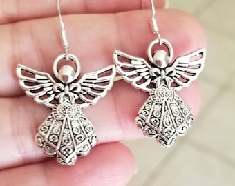 Sterling Silver Guardian Angel Dangle Earrings: Christmas Holiday Jewelry