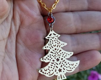 Christmas Tree Necklace, Holiday Necklace, Christmas Necklace, Gold Christmas Tree Necklace, Large Christmas Necklace, Secret Santa Gifts