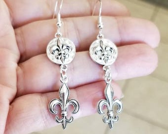 Orecchini Pendenti Fleur-de-Lis In Argento 925 Con Zirconi E Micro Pavé - Nuovi Senza Scatola