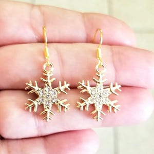 Crystal Snowflake Earrings, 14k Gold Snowflake Earrings, Snowflake Earrings, Snowflake Jewelry, Christmas Earrings, Christmas Jewelry