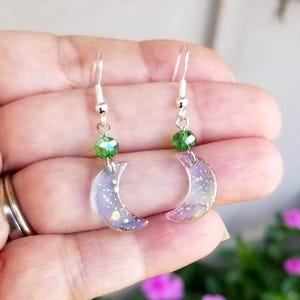 Green Glass Moon Earrings, Moon Earrings, Silver Moon Earrings, Crescent Moon, Moon Dangle Earrings, Moon Jewelry, Celestial, Moon Charms