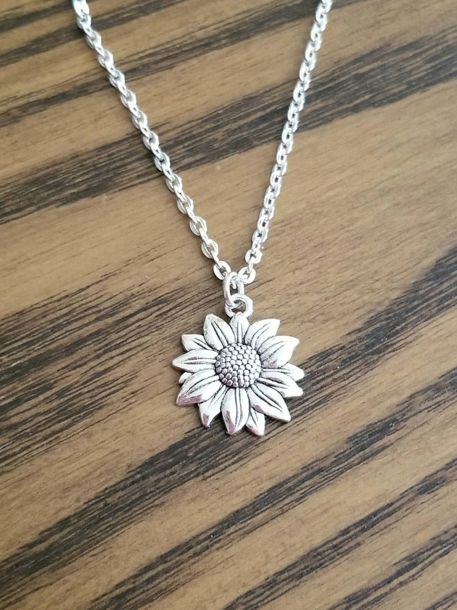 Silver Sunflower Necklace Sunflower Pendant Necklace Flower Etsy