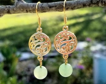 14k Gold Green Aventurine Dangle Earrings, Gold Aventurine Earrings, Aventurine Jewelry, Gemstone Beaded Earrings
