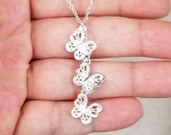 Sterling Silver Filigree Butterfly Necklace, Silver Butterfly Y-Necklace, Silver Butterfly Earrings, Butterfly Jewelry Set, Spring Jewelry