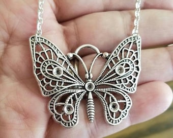 Silver Butterfly Necklace, Butterfly Necklace, Large Butterfly Pendant Necklace, Bohemian, Hippie, Butterfly Jewelry, Women's Necklace, Boho