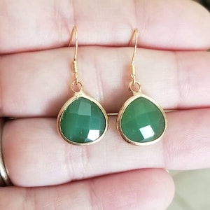 14k Gold Green Jade Earrings, Gold Dangle Earrings, Womens Earrings, Jade Jewelry, Green Gemstones, Green Earrings, Trillion Jade Charm