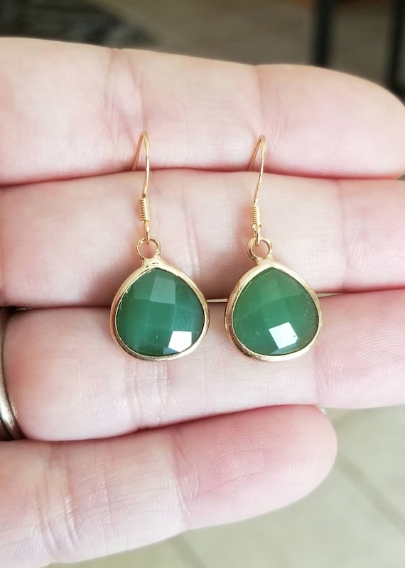14k Gold Green Jade Earrings Gold Dangle Earrings Womens