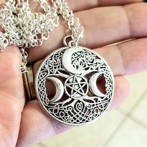 Silver Pentagram Necklace, Choker Necklace, Pentagram Pendant, Crescent Moon, Wiccan Jewelry, Pagan, Wicca, Celtic, Triple Moon Goddess
