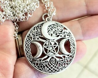 Silver Pentagram Necklace, Choker Necklace, Pentagram Pendant, Crescent Moon, Wiccan Jewelry, Pagan, Wicca, Celtic, Triple Moon Goddess